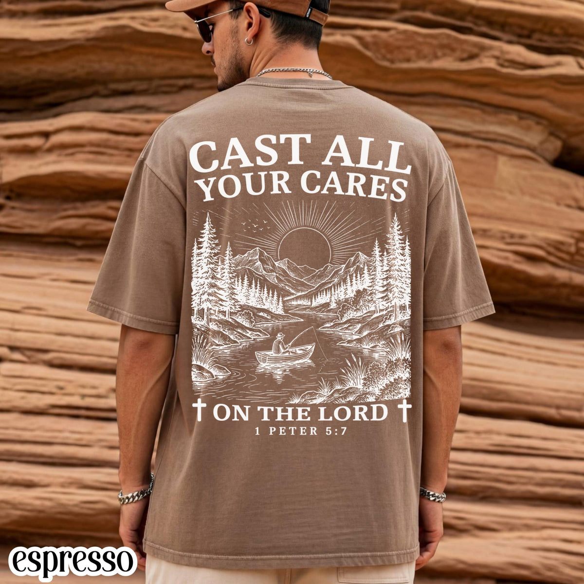Christian Comfort Colors Cast Cares Lord Peter Nature River Fishing Boat Tee Faith Bible Verse Religious