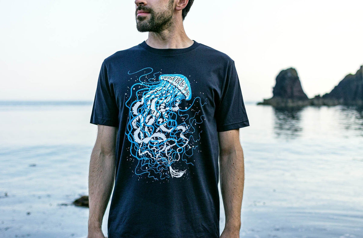 Smugairle Organic Earth Positive Tee Irish Word Jellyfish Seal Spit Dark Navy Blue