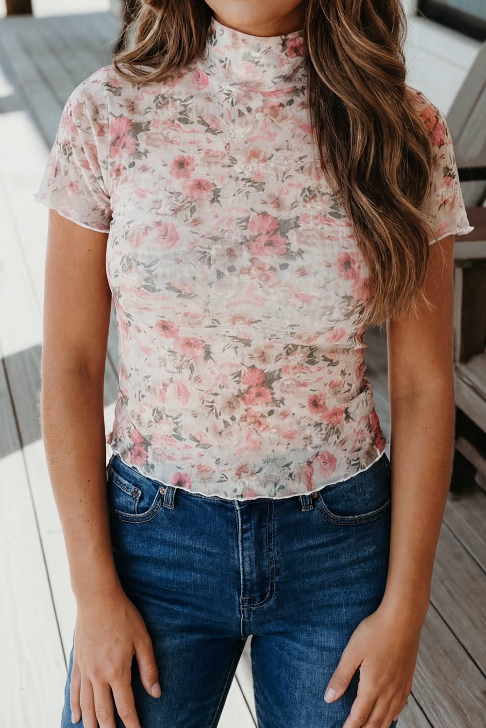 Floral Print Mock Neck Mesh Short Sleeve Top (S-Xl)