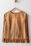 Western Faux Suede Fringe Open Front Jacket