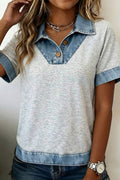 Spring 2026 Contrast Denim Trim V-Neck Polo Blouse (S-Xl)