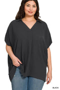 .SI-27523 Plus Woven Airflow Collared V Neck Short Sleeve Top