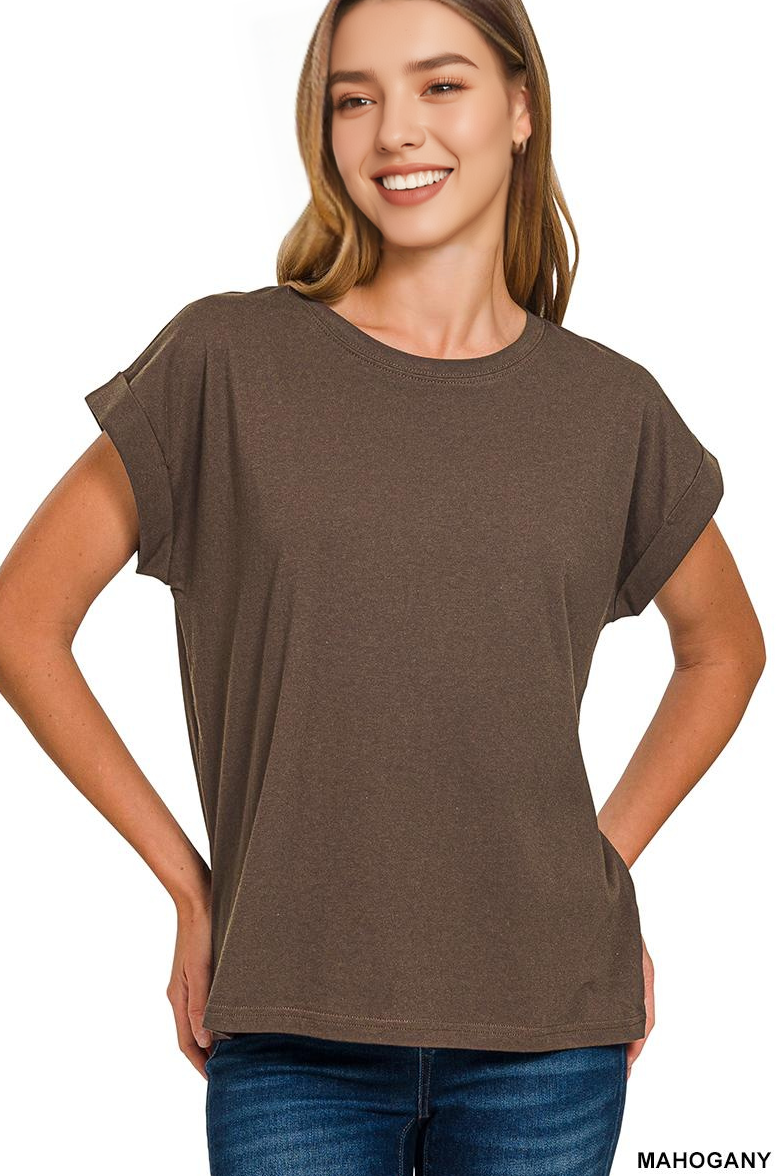 `.Round Neck Folded Short Sleeve T Shirt