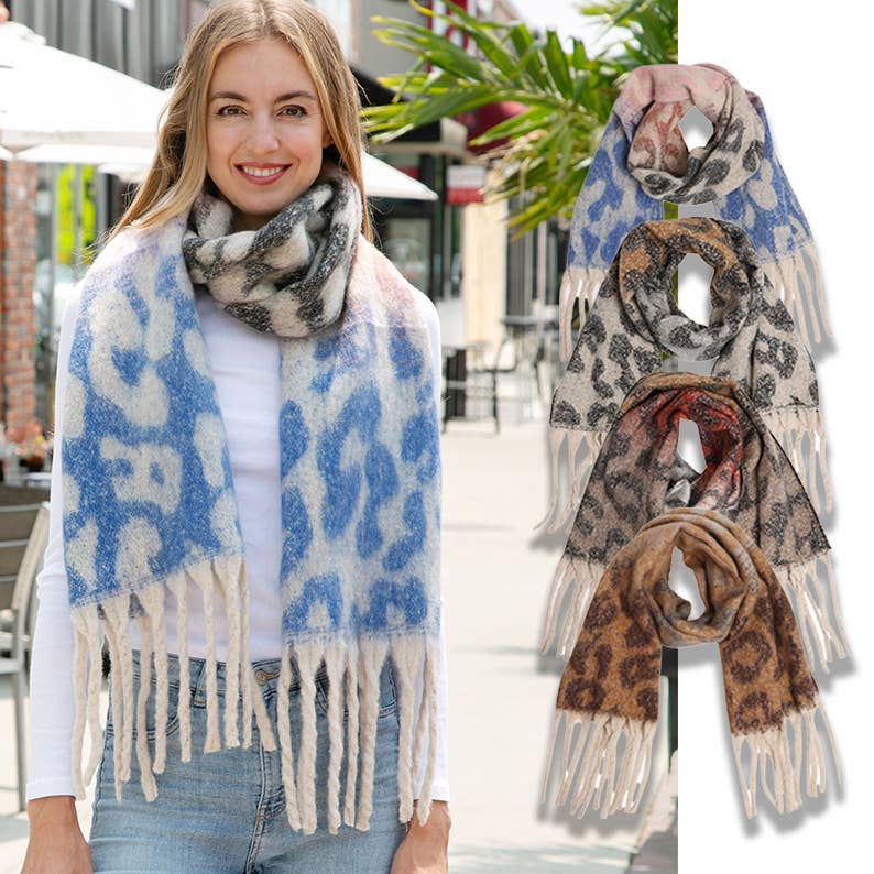 Leopard Print Oblong Scarf Shawl with Fringe