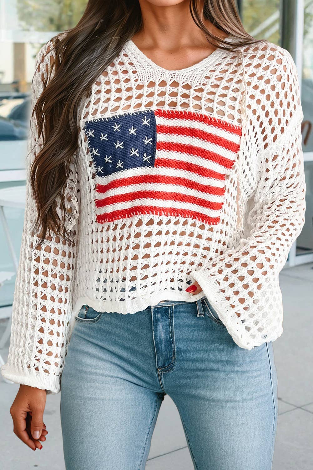 Hollow Out Crochet Knit American Flag Sweater Hoodie (S-Xl)