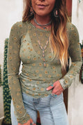 Western Vintage Floral Southern Style Mesh Long Sleeve Top
