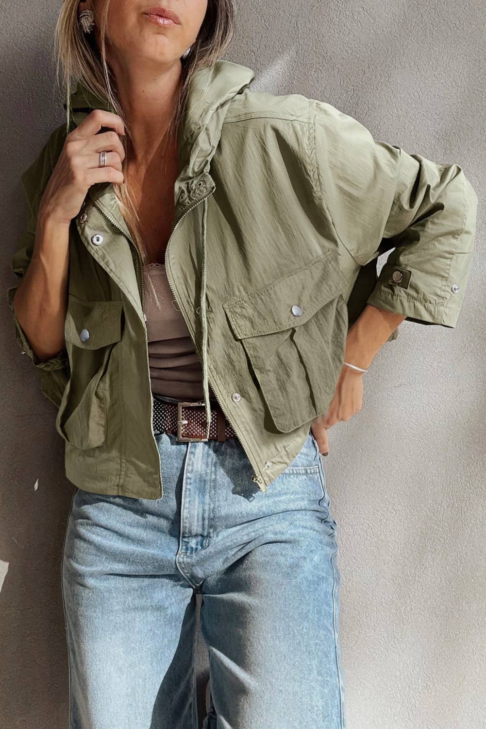 Zipped Pocket Cropped Hooded Utility Jacket