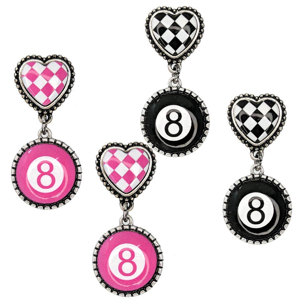 Checkered Heart Magic 8 Ball Post Drop Earrings