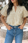 Floral Textured Jacquard Puff Sleeve Blouse (S-Xl)