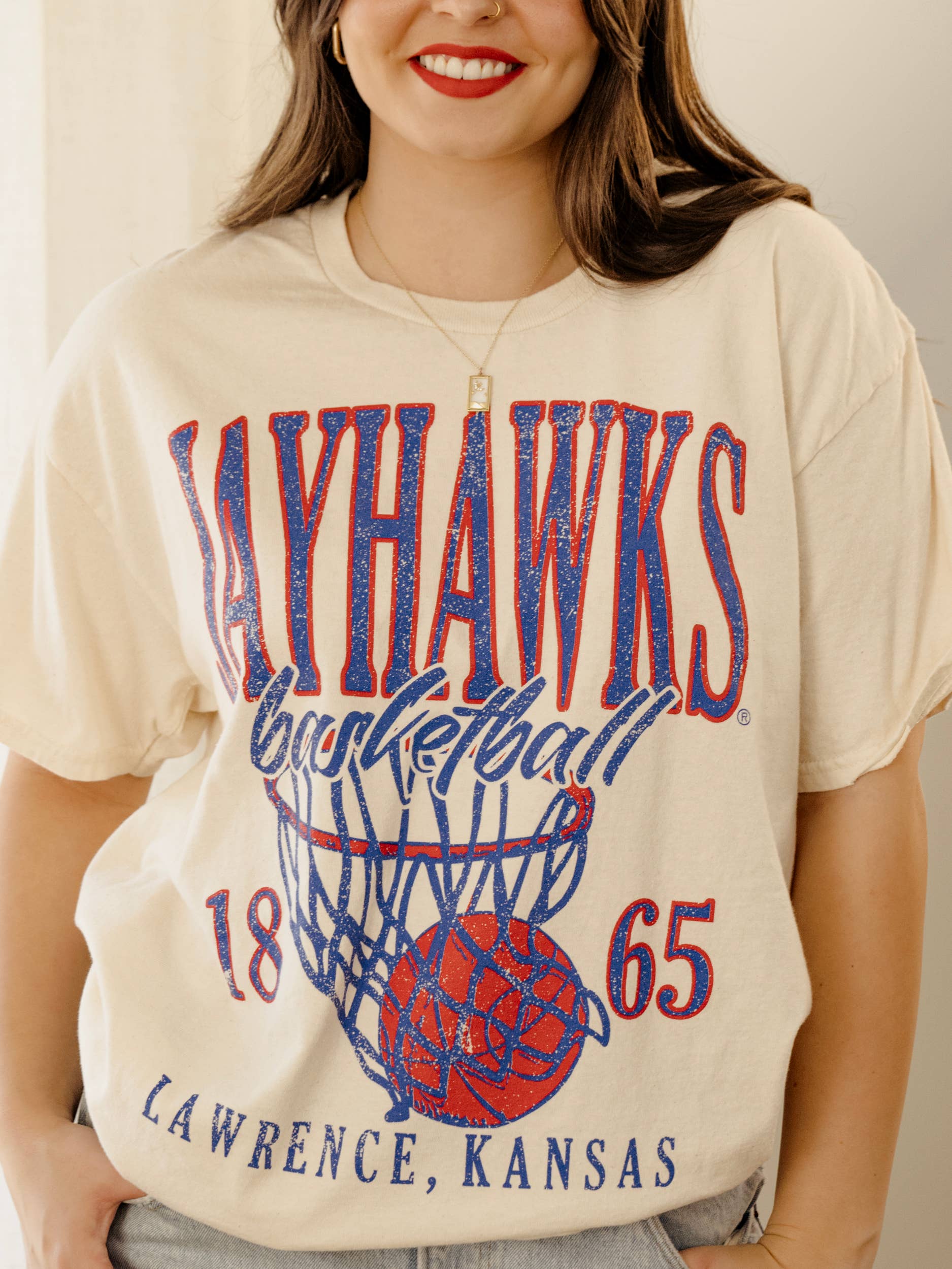 Ku Kansas Jayhawks Big Basketball Off White Thrifted Tee