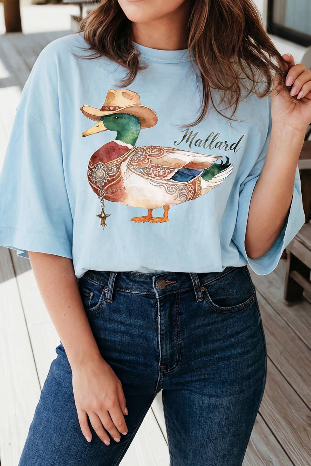 Cowboy Hat Print Mallard Duck Graphic Oversized Tee (S-Xl)
