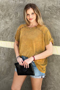 `.Washed Ribbed Short Sleeve Boat Neck Top