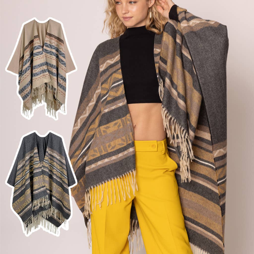 Aztec Pattern Lone Sleeve Ruana with Tassels