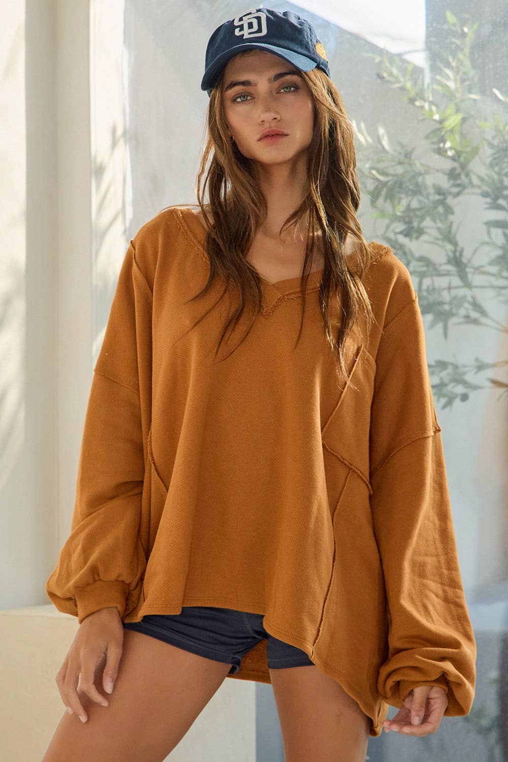 T1306A Oversized V-Neck Solid Terry Tunic Top
