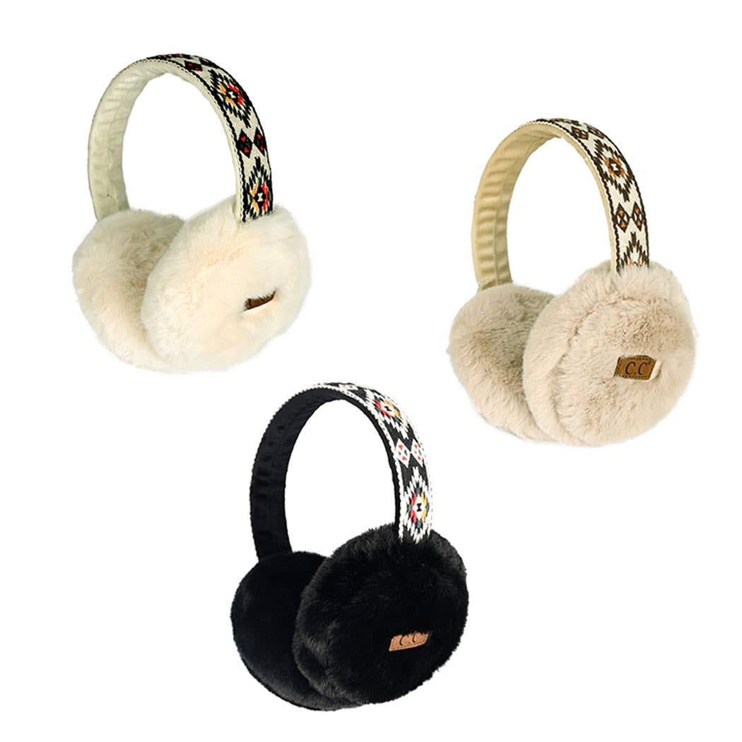 Aztec Patterned Band Ear Muff with Faux Fur