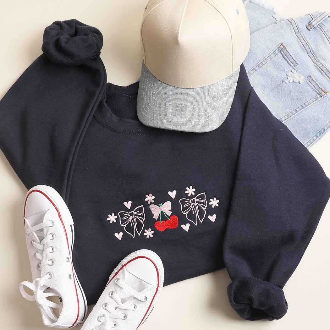 Sweet Cherry and Bows Embroidered Heavyweight Sweatshirt
