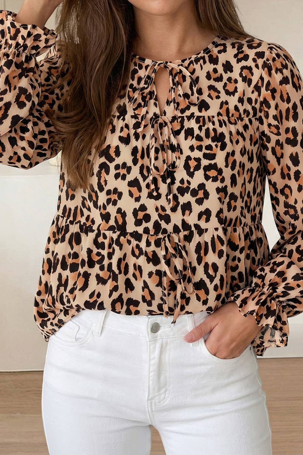 Leopard Print Tie Front Long Puff Sleeve Blouse (S-Xl)