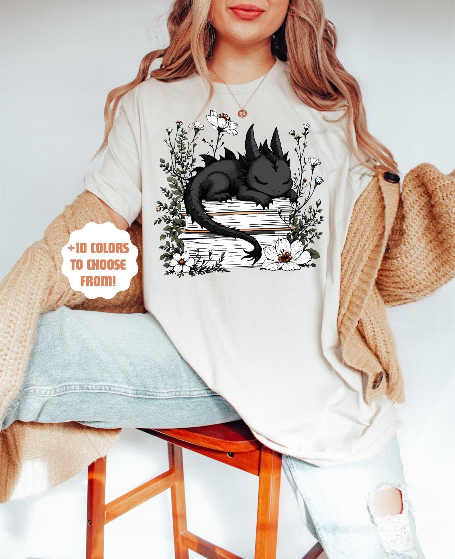 Floral Dragon Book Lover Fantasy Bookworm Tee Bookish Dragon Dragon Book Lover Book Literary Tee (2)