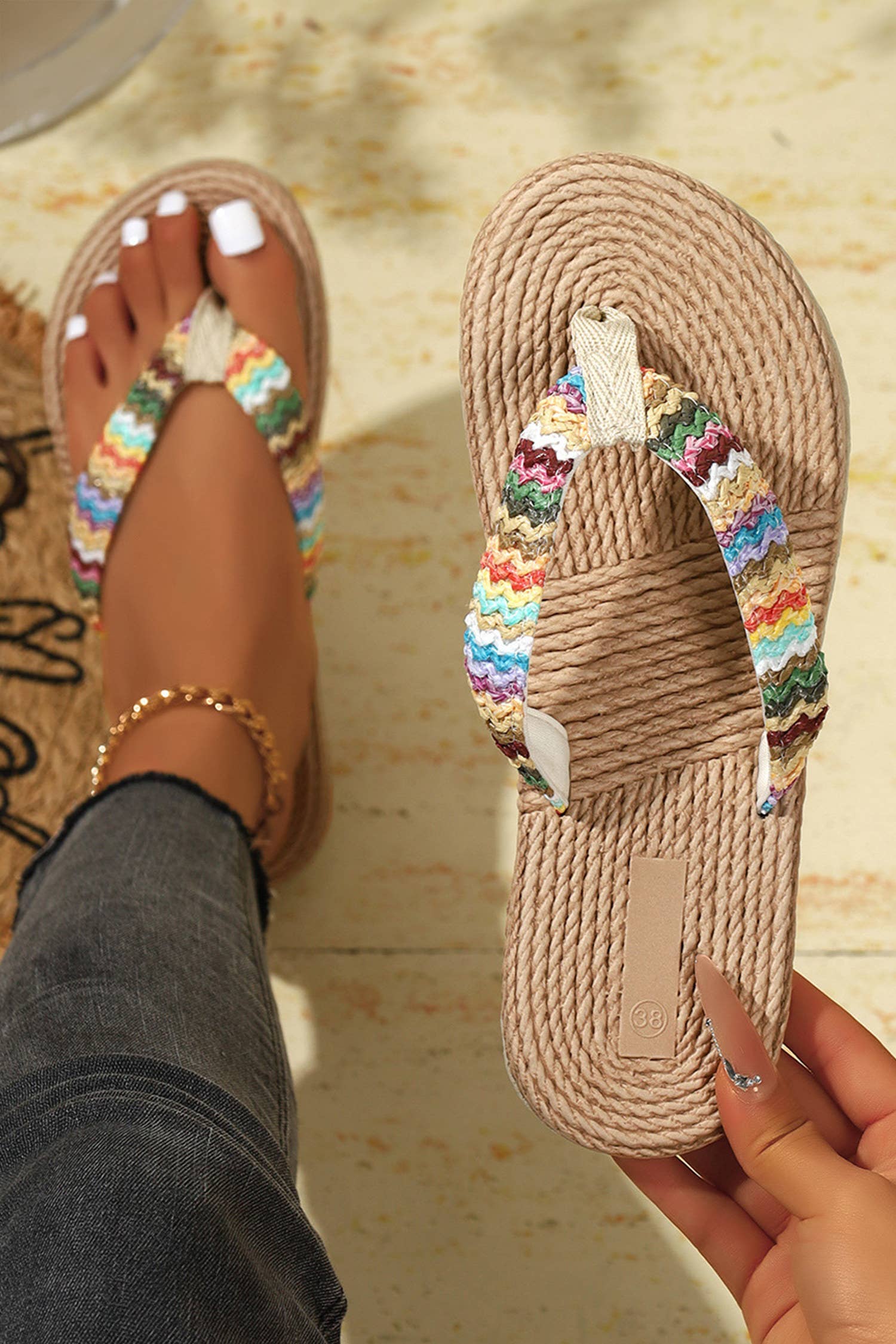66 Bohemian Vacation Straw Woven Rainbow Strap Flip Flops