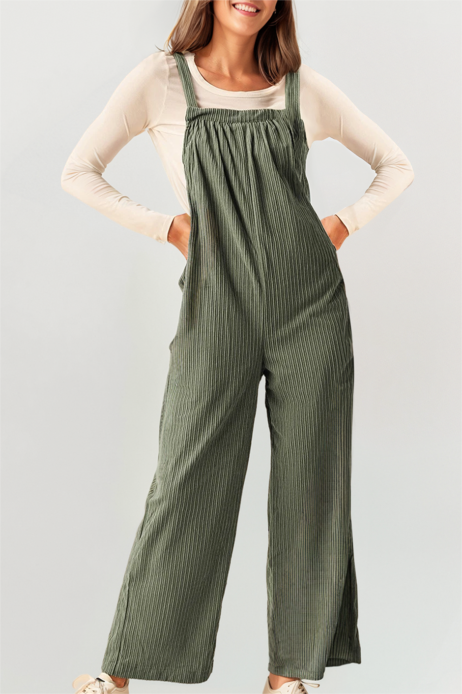 Plus Size Corduroy Pocketed Wide Leg Loose Fit Overall