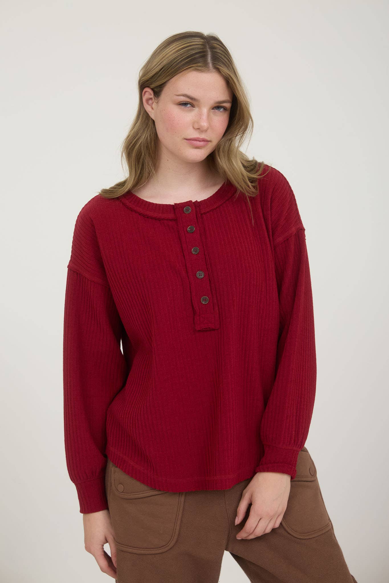 Ribbed Henley Long Sleeve Exposed Seam Knit Top