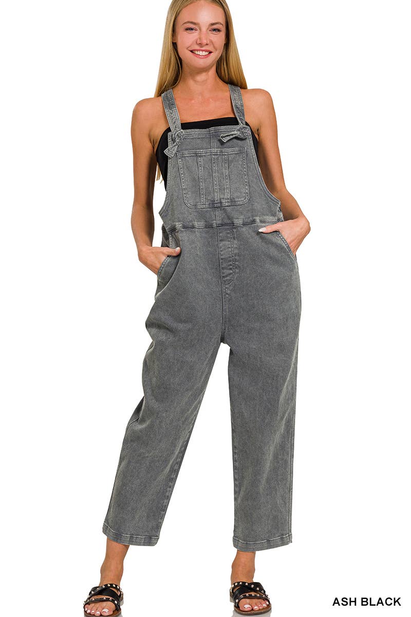 ',,...._ Washed Knot Strap Relaxed Fit Denim Overalls