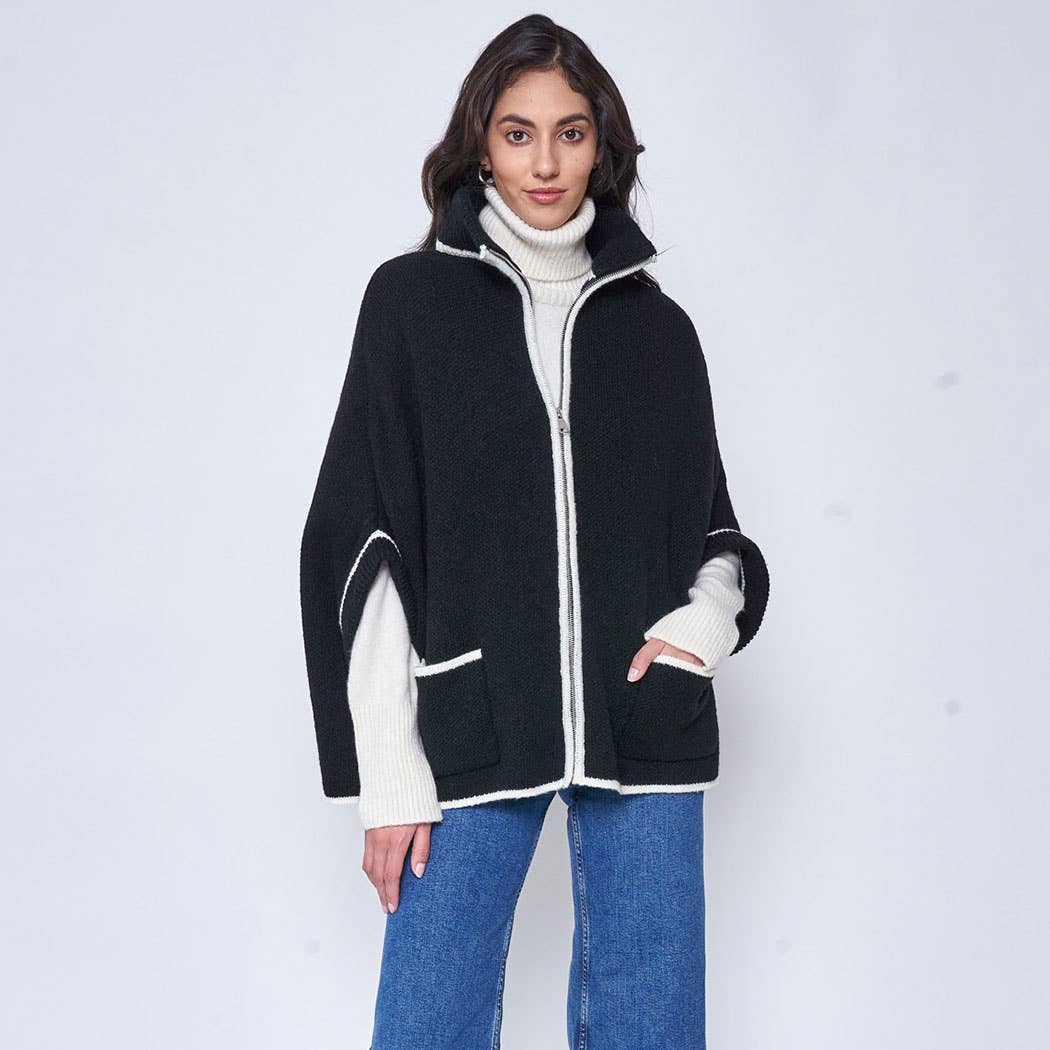 Two-Tone Bordered Zip-Up Knit Kimono