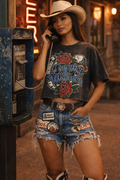 Country Western Horseshoe Relaxed Cropped Acid Wash Tee