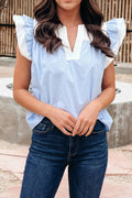 Color Block Trim Ruffle Sleeve V-Neck Blouse (S-Xl)