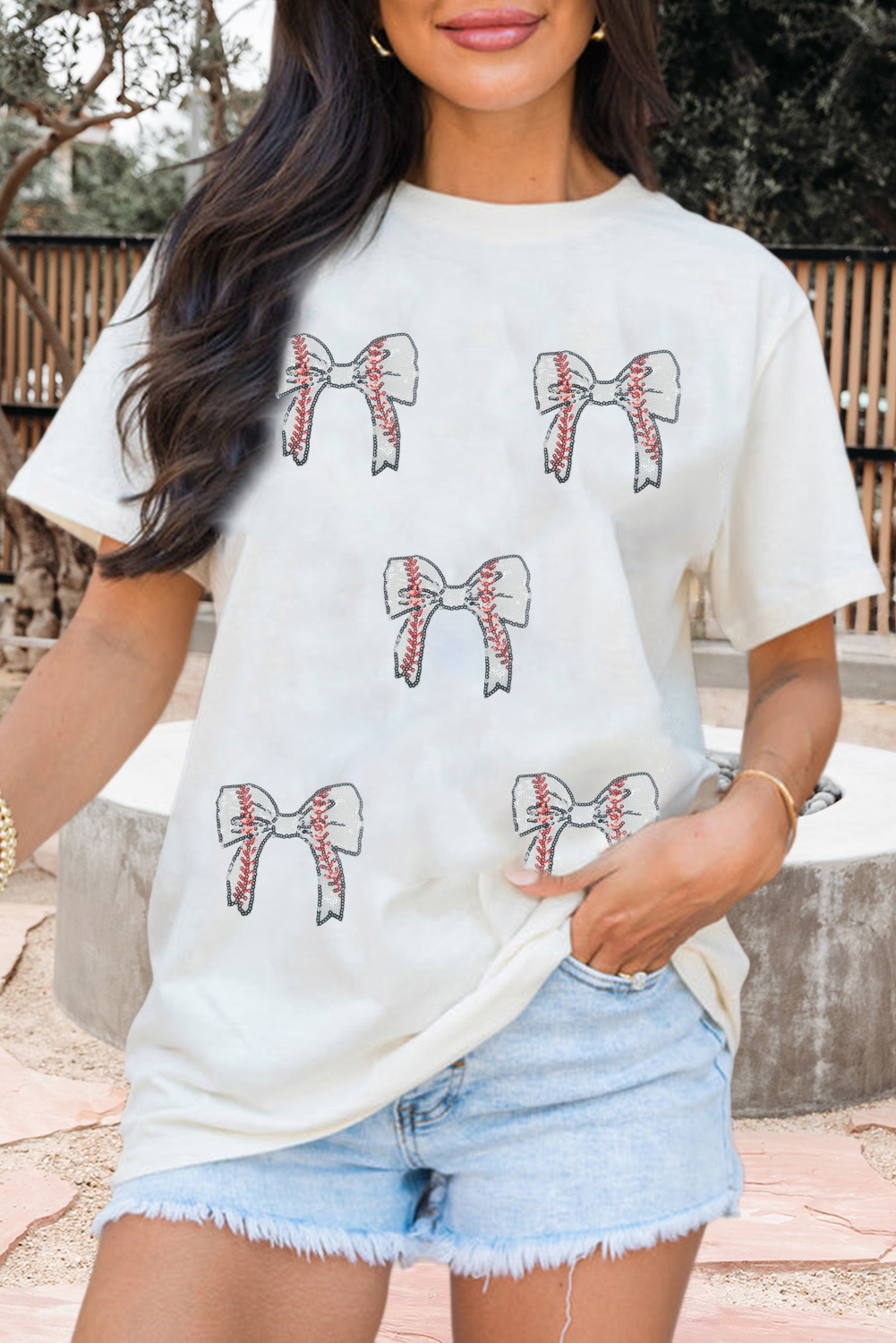 Glitter Baseball Bow Patched Cotton Blend T Shirt (S-3XL)