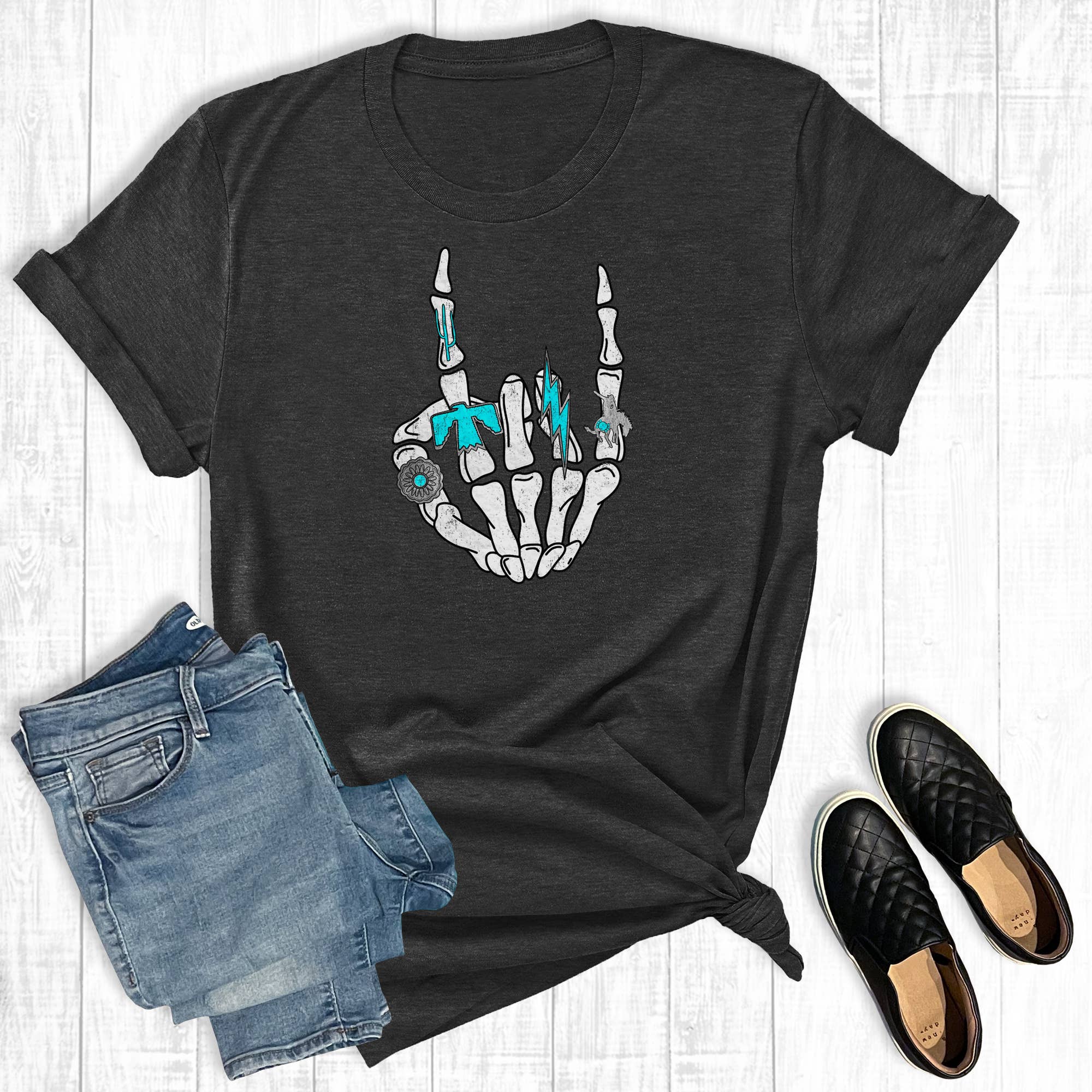 Turquoise Western Skeleton Hand Graphic Tee
