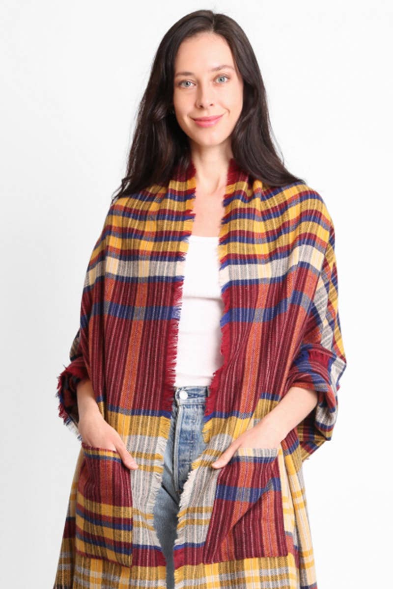Plaid Pattern Ruana with Fringe & Pocket