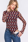 0126 Fitted Long Slv Printed Mesh Bodysuit SI-24859