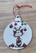 Whimsical Christmas Cat Bauble -  Wood Ornament