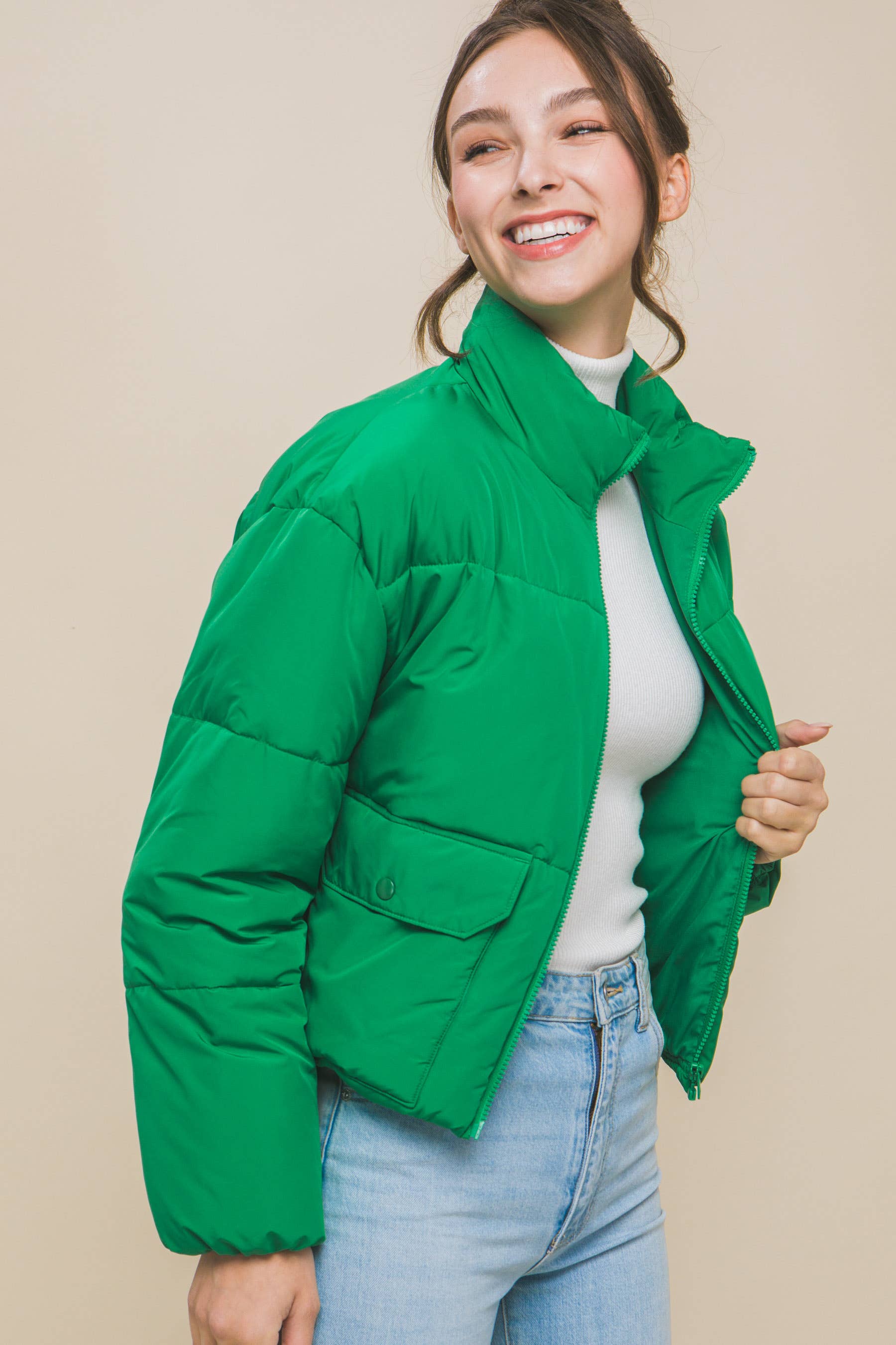 ...._ SI-25478 Waist Length Puffer Jacket W/Front Pockets
