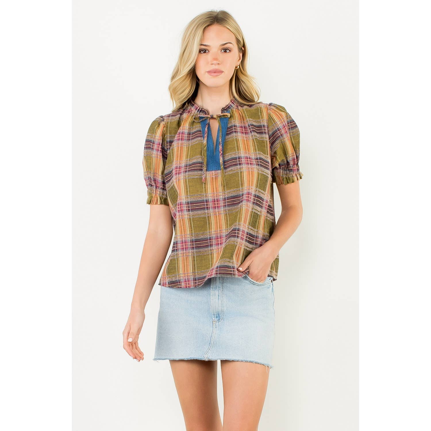 Plaid Puff Sleeve Contrast Neck Top