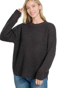 ....SI-26515 Hi Low Long Sleeve Round Neck Waffle Sweater