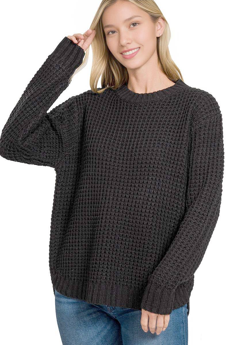 ....SI-26515 Hi Low Long Sleeve Round Neck Waffle Sweater