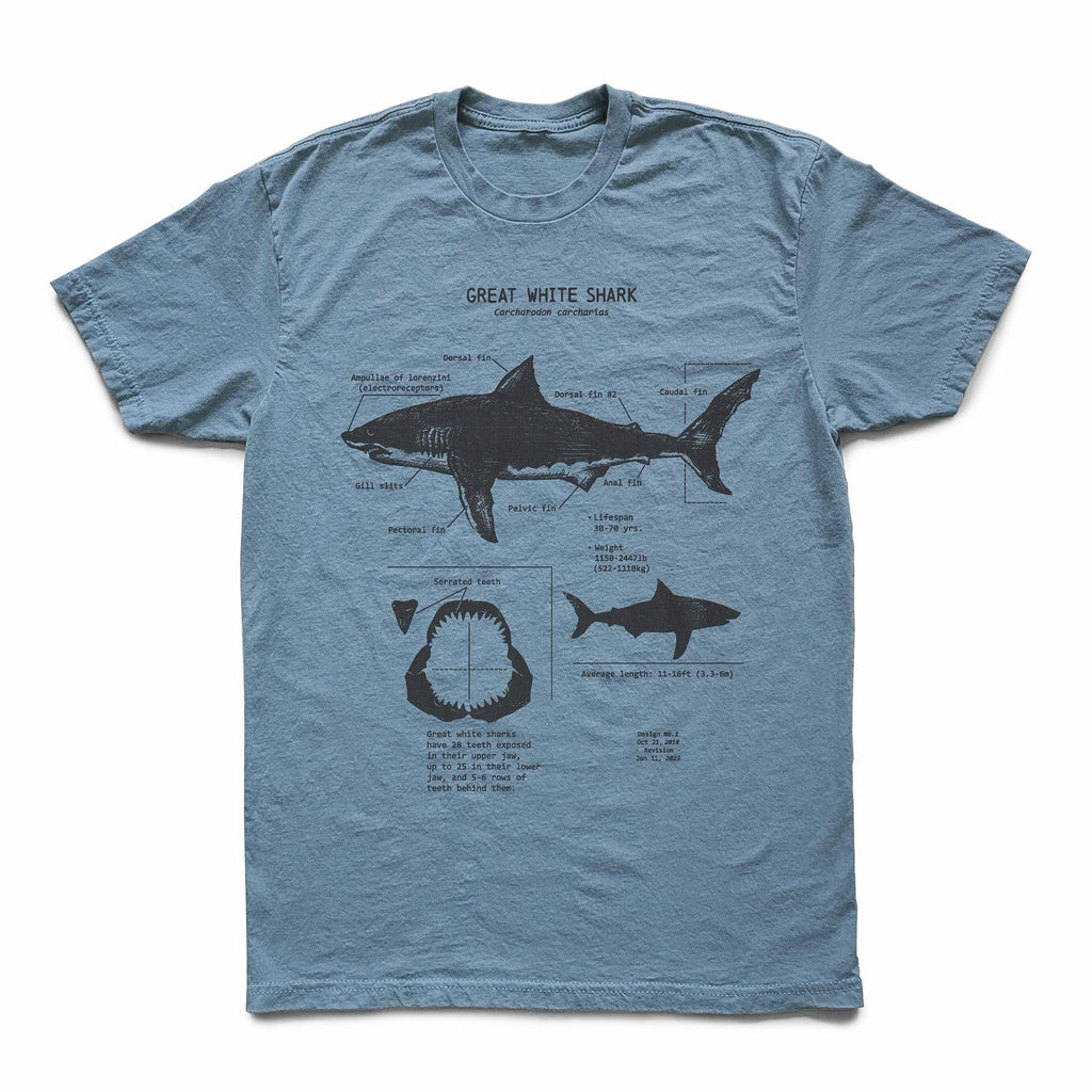 White Shark Anatomy Hand-Drawn Biology Diagram Screen Printed Ringspun