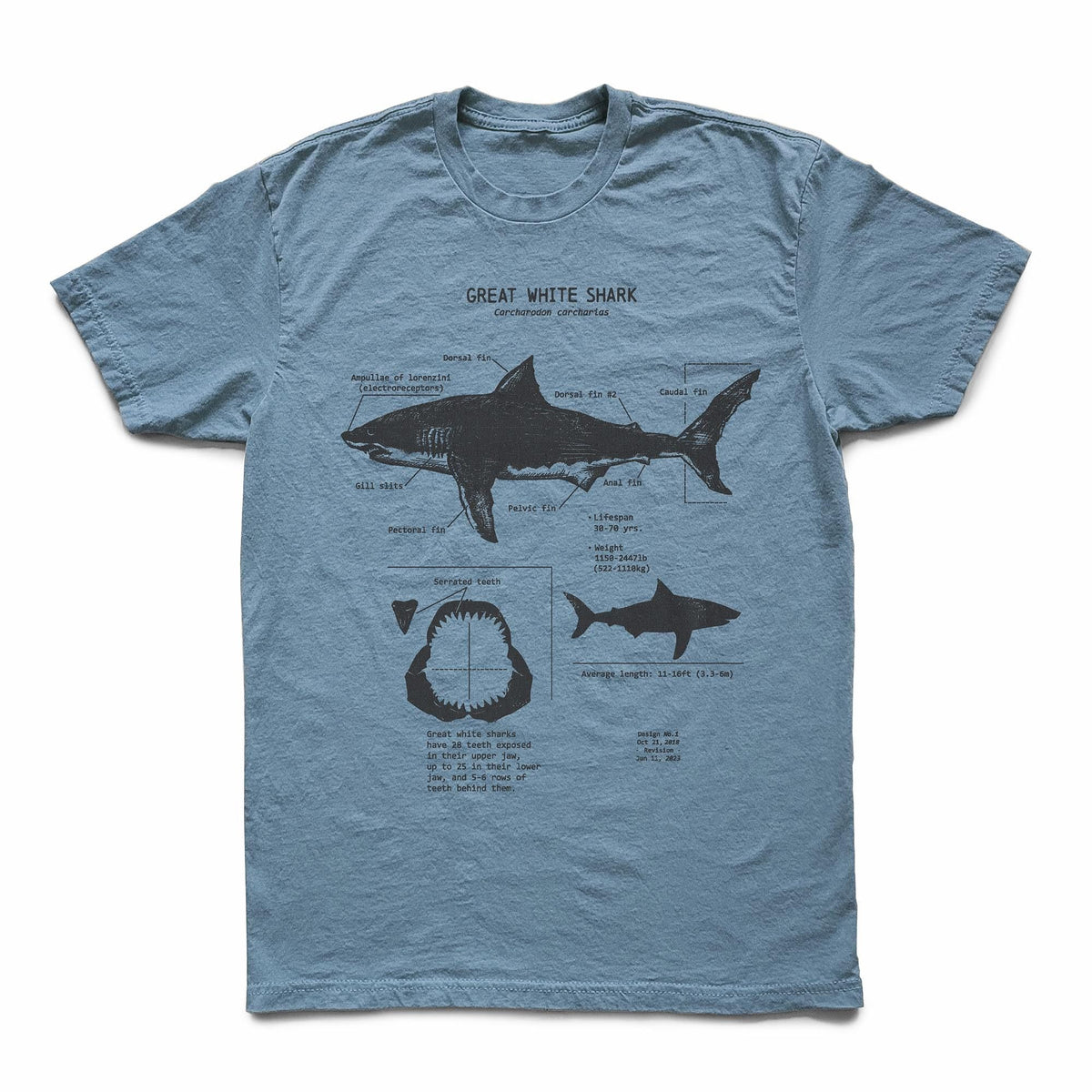 White Shark Anatomy Hand-Drawn Biology Diagram Screen Printed Ringspun