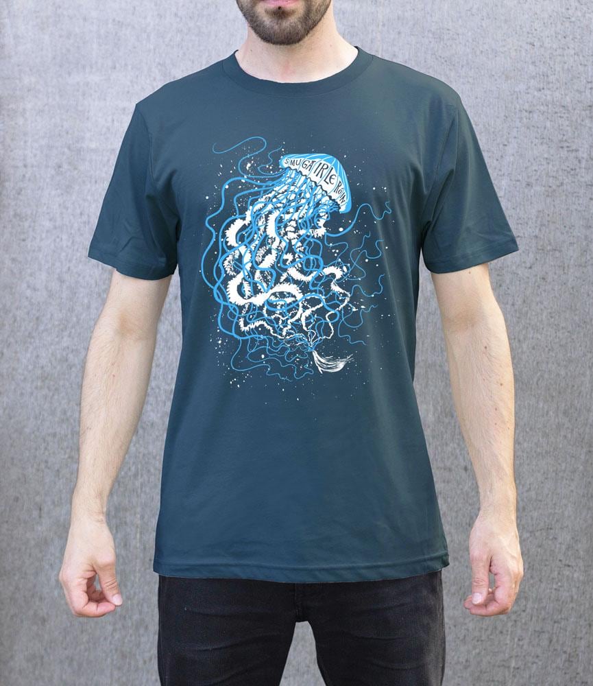 Smugairle Organic Earth Positive Tee Irish Word Jellyfish Seal Spit Dark Navy Blue