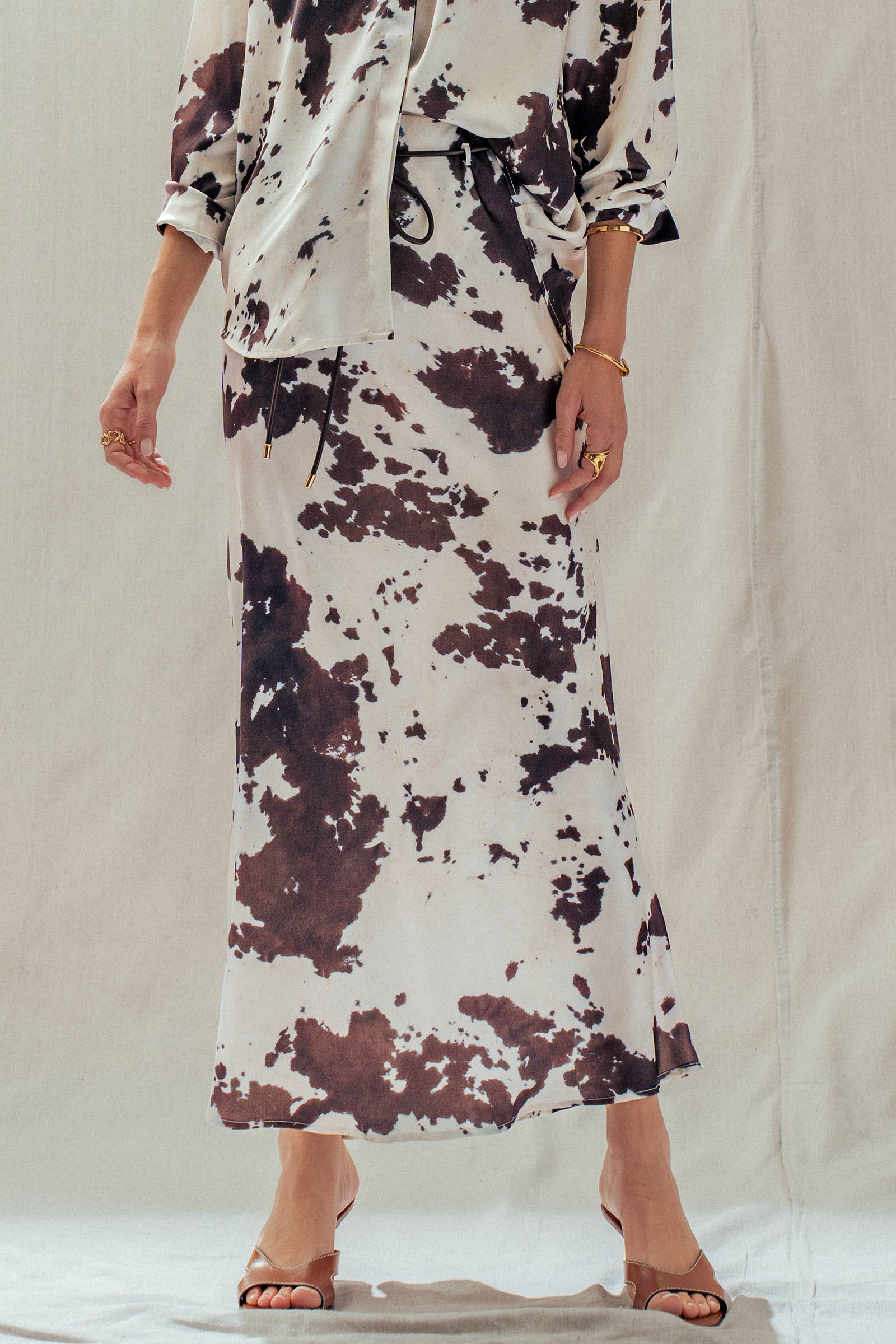 Cowhide Print Satin Drawstring Midi Skirt