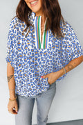 66Leopard Colorblock V Neck Half Sleeve Loose Fit Top (S-Xl)