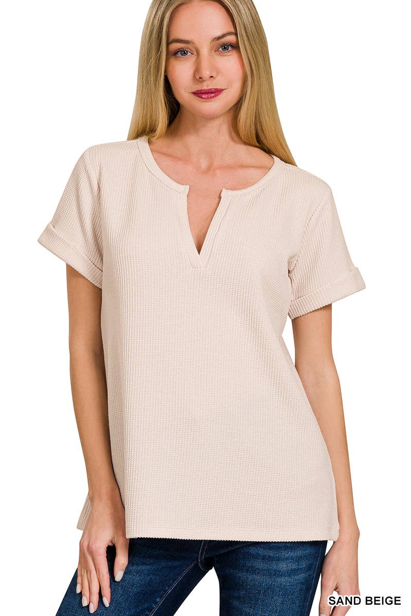....SI-26004 Baby Waffle Henley Neck Short Sleeve Top