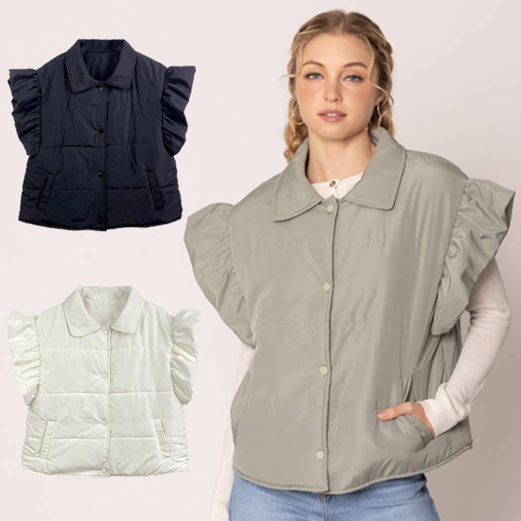 Ruffle Short Sleeve Puffer Padded Vest