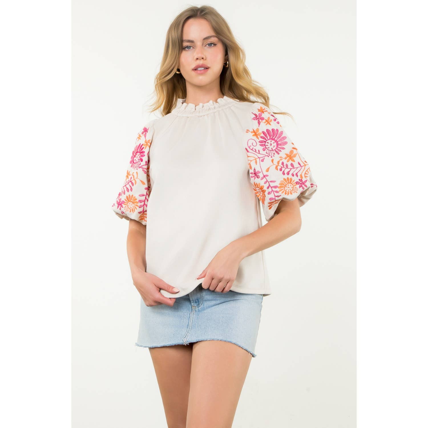 Embroidered Puff Sleeve Suede Top