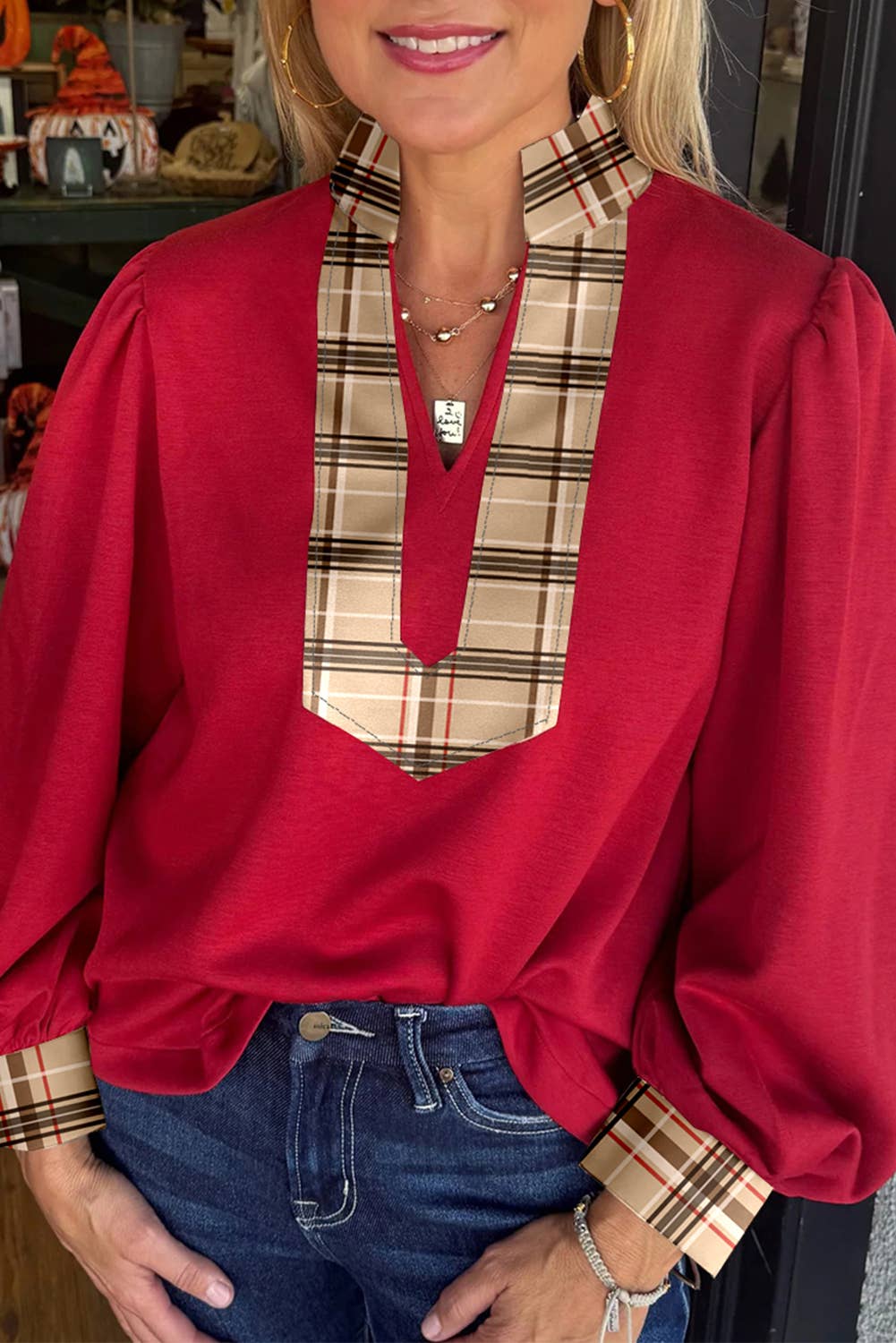 Contrast Plaid Patchwork V Neck Long Sleeve Blouse (S-Xl)