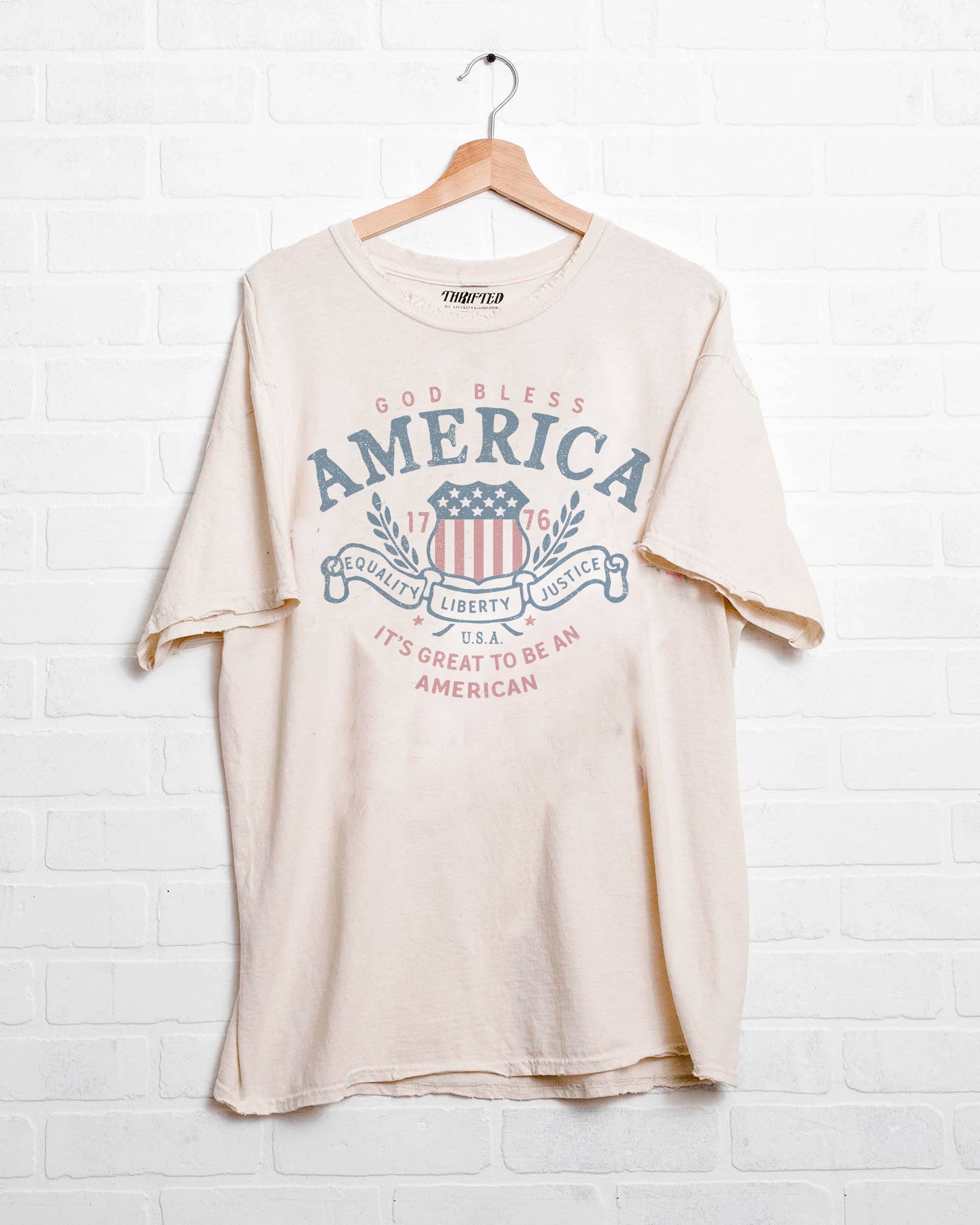 4th of July USA American Shield Off White Thrifted Tee
