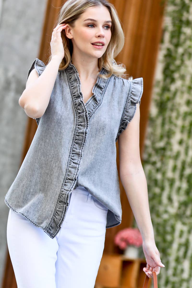 ..Double Ruffle Detail Washed Denim Vest