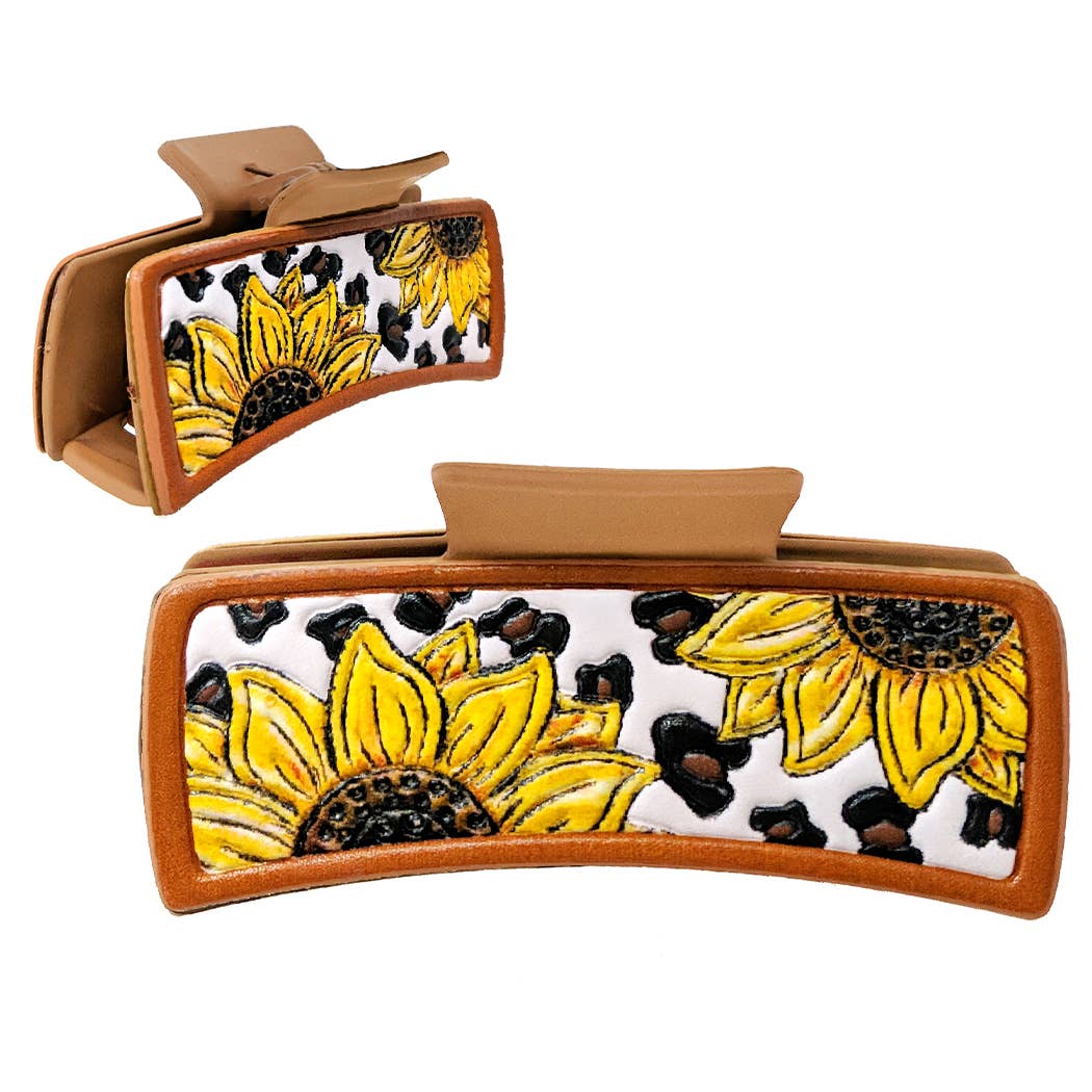 Sunflower Print Leather Hair Claw
